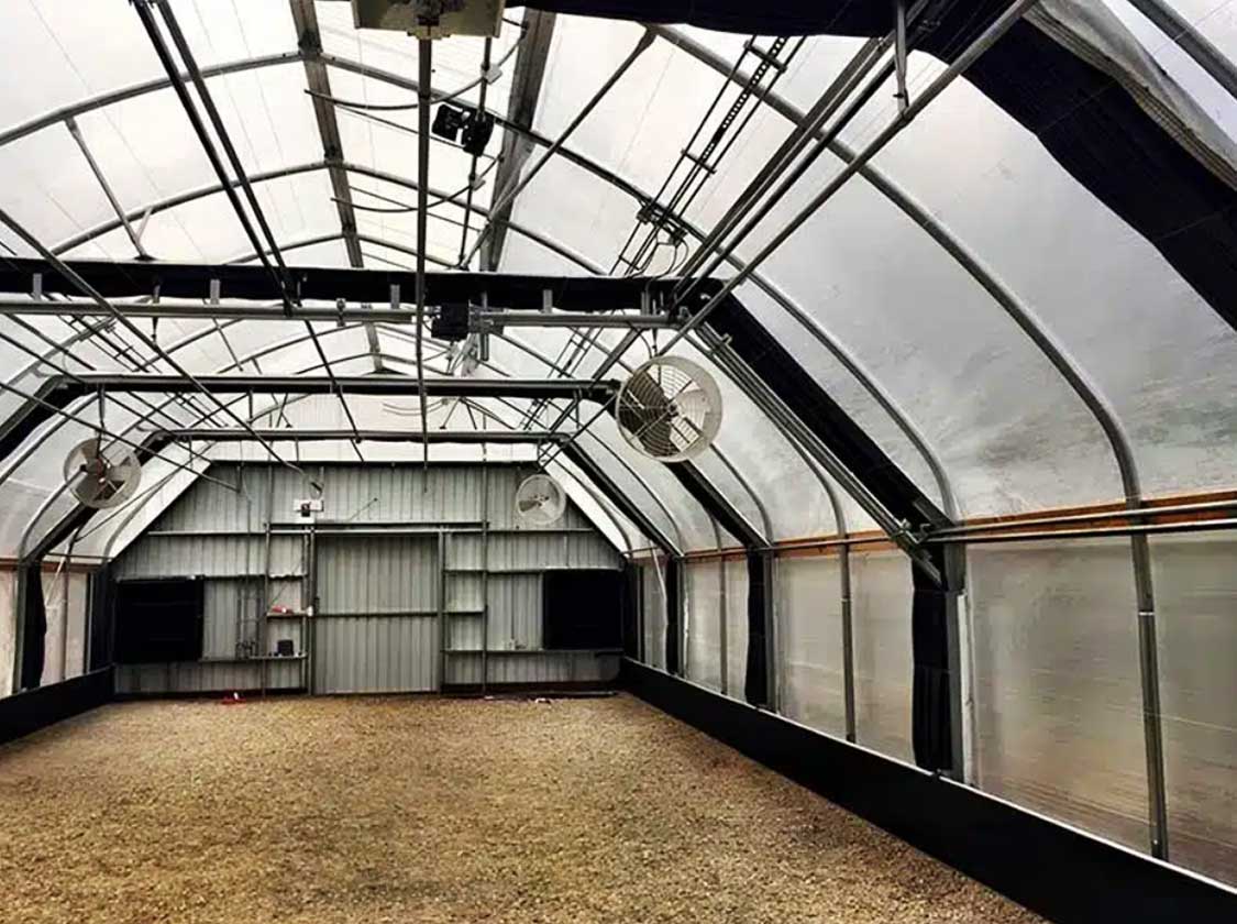 Blackout curtain system for light deprivation greenhouse