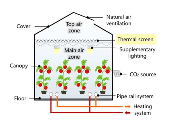 Illustration Structure of a greenhouse showing the position of thermal screens